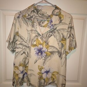 Tommy Bahama Cream Hawaiian Shirt with Blue Floral & Olive Leaves